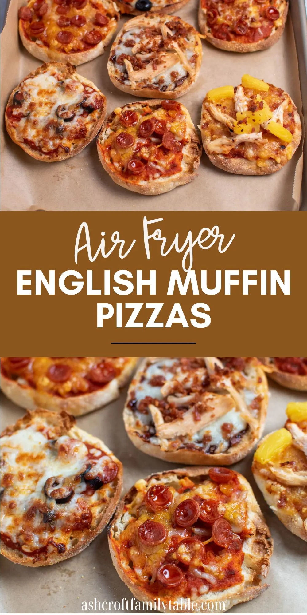 Pinterest graphic with text and photos of English muffin pizzas.