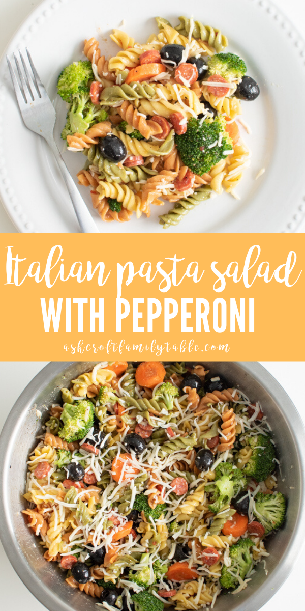 Pinterest graphic with text, a plate of pasta salad, and a bowl of tri color pasta salad.