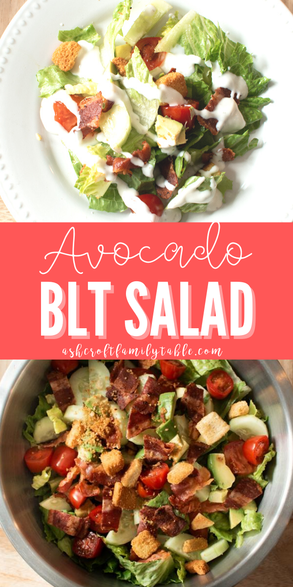 Pinterest graphic with text, a plate of BLT salad, and a bowl of BLT salad with avocado.