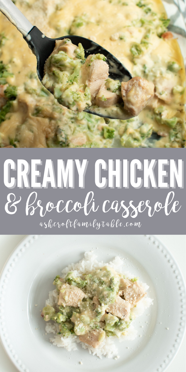 Pinterest graphic with text and spoonful of chicken and broccoli casserole with mayo.