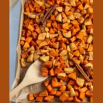 Pinterest graphic with text and photo of sweet potatoes and apples on baking sheet.
