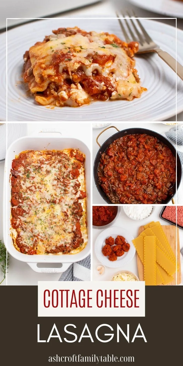 Pinterest graphic with text and collage of lasagna made with cottage cheese.