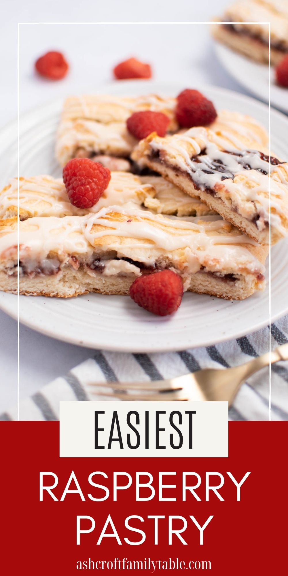 Pinterest graphic with text and photo of raspberry pastry pieces on white plate.