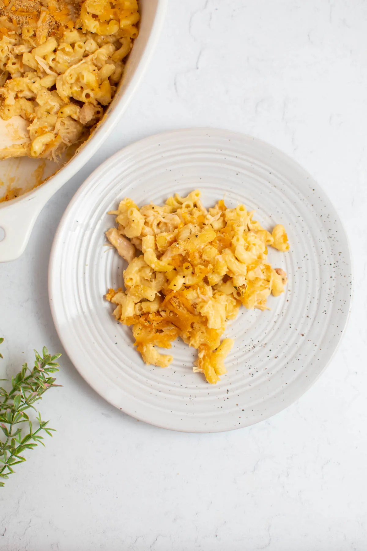 Serving of chicken mac and cheese casserole on white plate with greenery nearby.