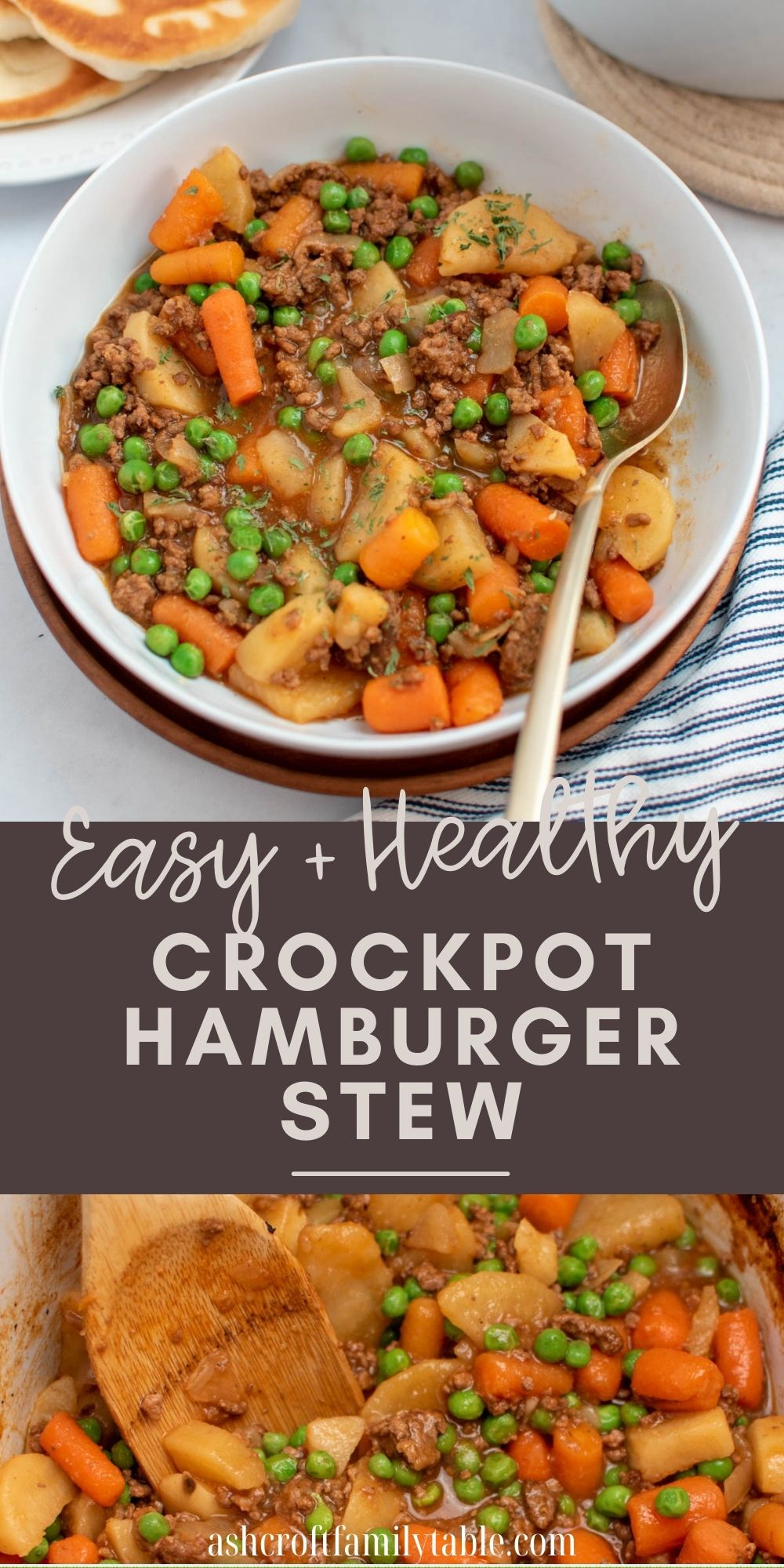 Pinterest graphic with text and collage of hamburger stew in bowls.