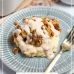 Pinterest graphic with text and photo of burger bundle with stuffing and gravy on pile of mashed potatoes.
