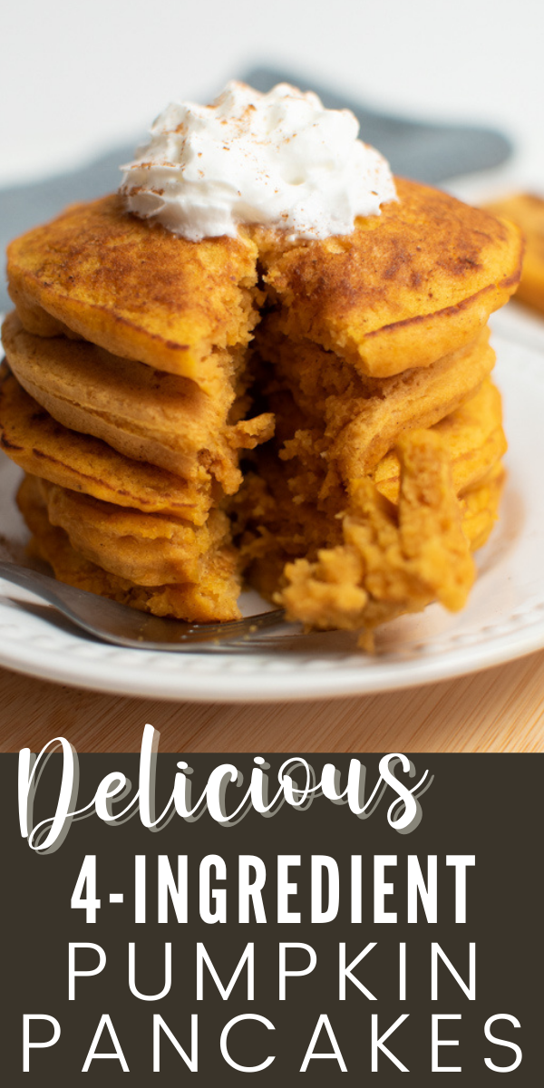 Pinterest graphic with text and stack of pumpkin pancakes on a plate.