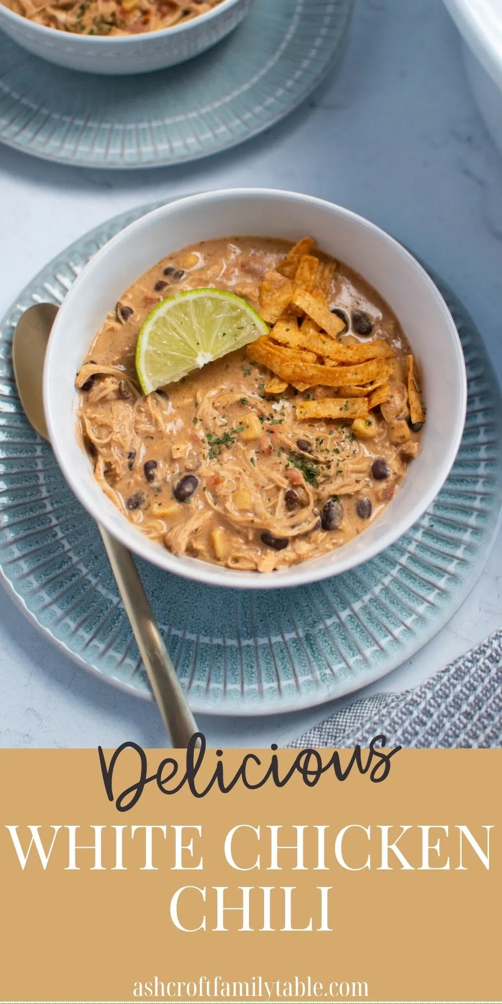 Pinterest graphic with text and bowl of slow cooker white chicken chili.