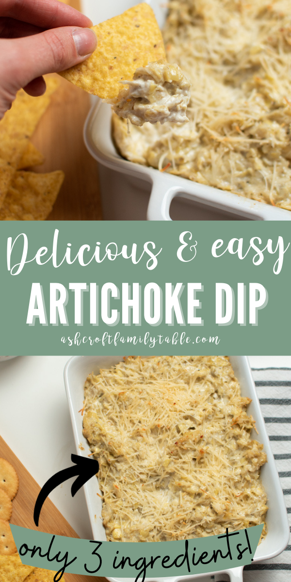 Pinterest graphic with text and a collage of artichoke parmesan dip.