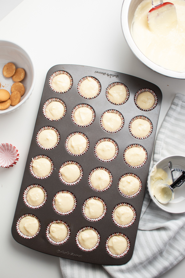 Easy mini cheesecake recipe filled into cupcake liners inside mini muffin tin.