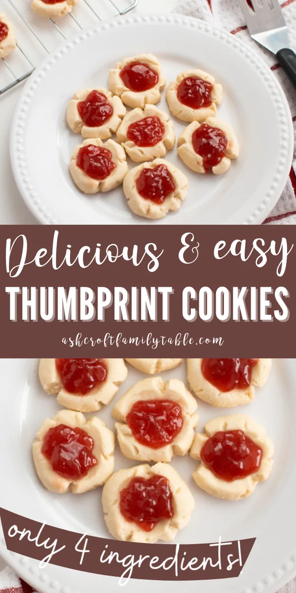 Pinterest graphic with text and a collage of red jam thumbprint cookies.