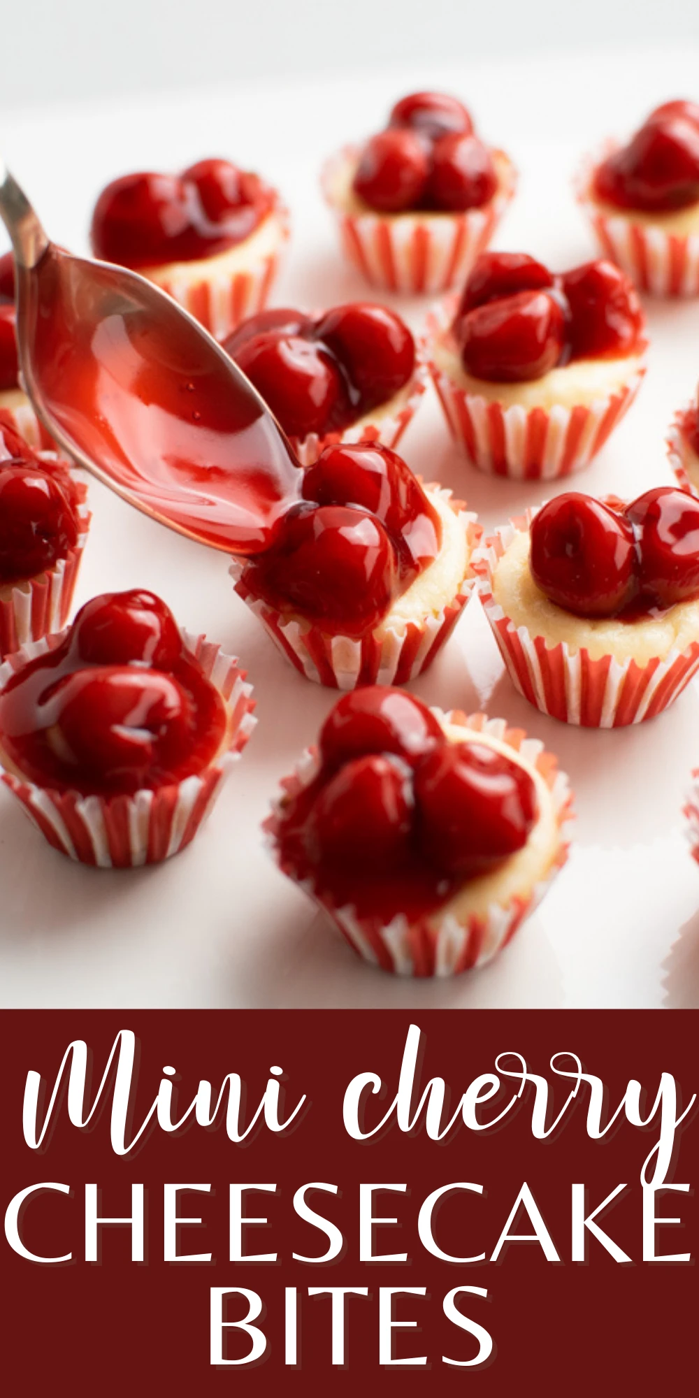 A Pinterest image with text and mini cherry cheesecake bites.