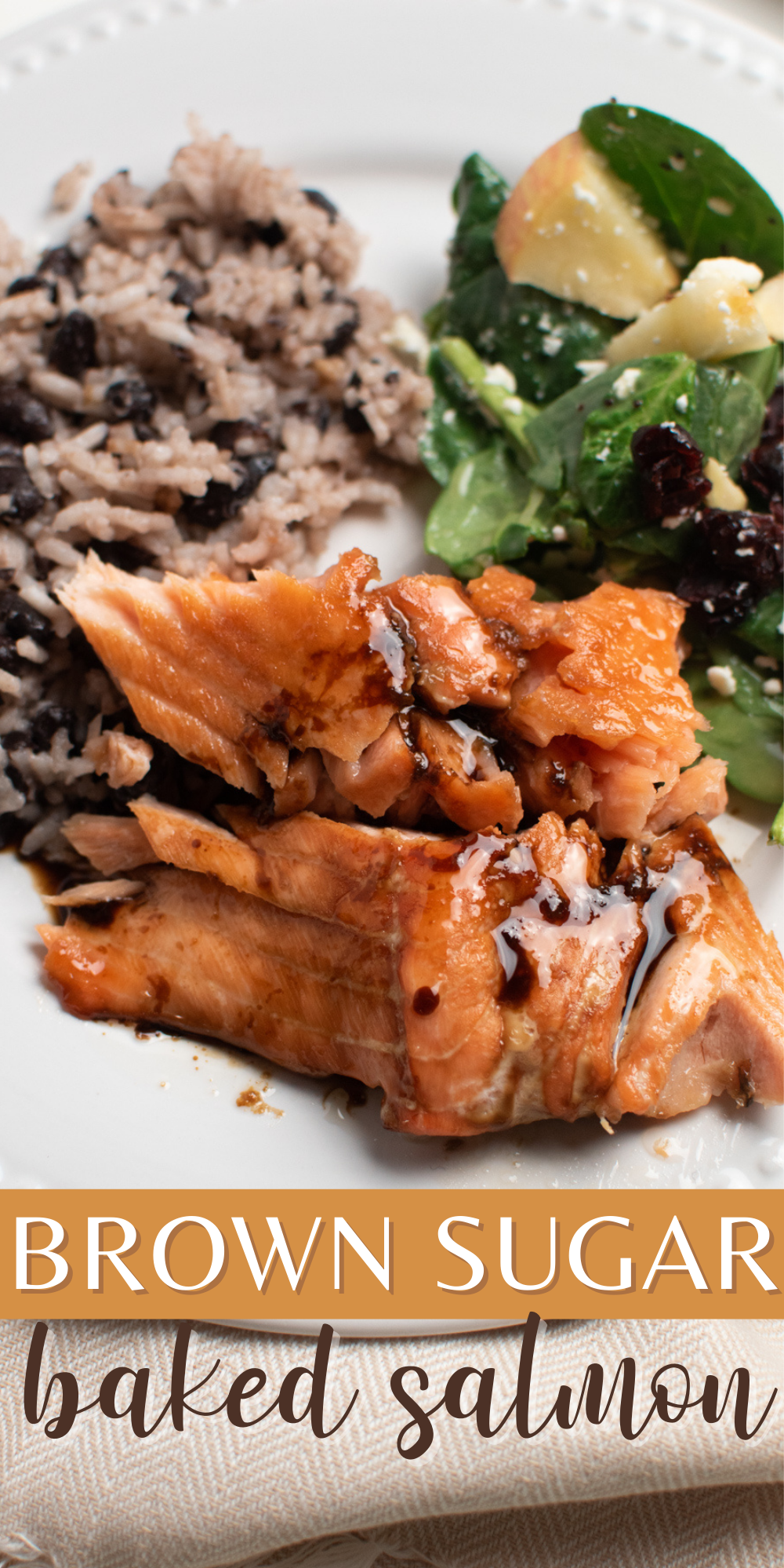 A Pinterest image with text and a piece of brown sugar baked salmon on a plate.
