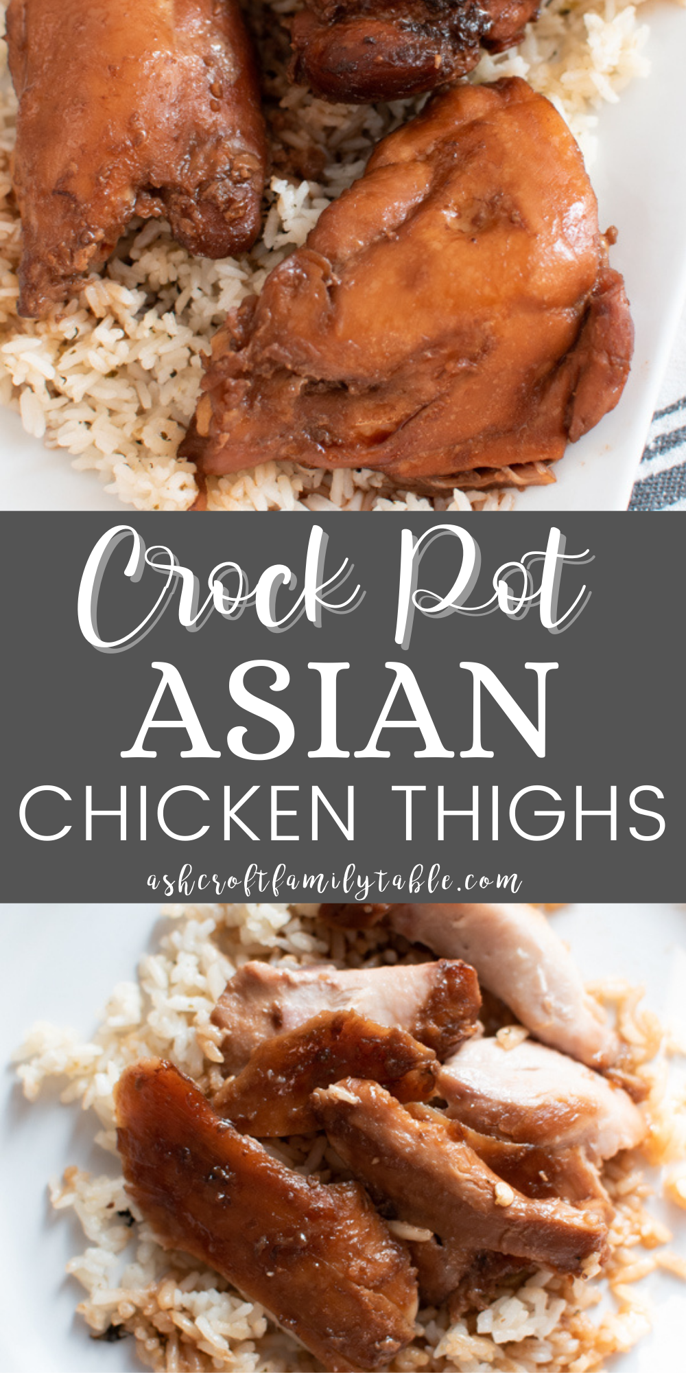A Pinterest image with text and crockpot asian chicken thighs over rice and pieces of asian chicken thighs.