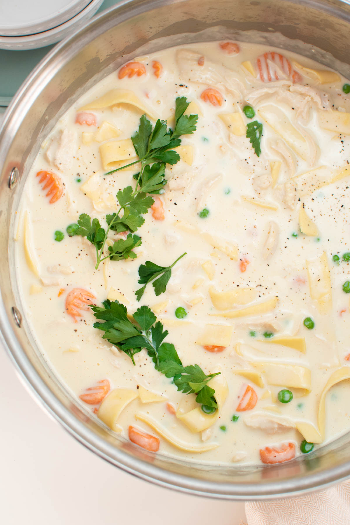 Close up of pot of creamy chicken noodle soup with fresh parsley leaves on top.