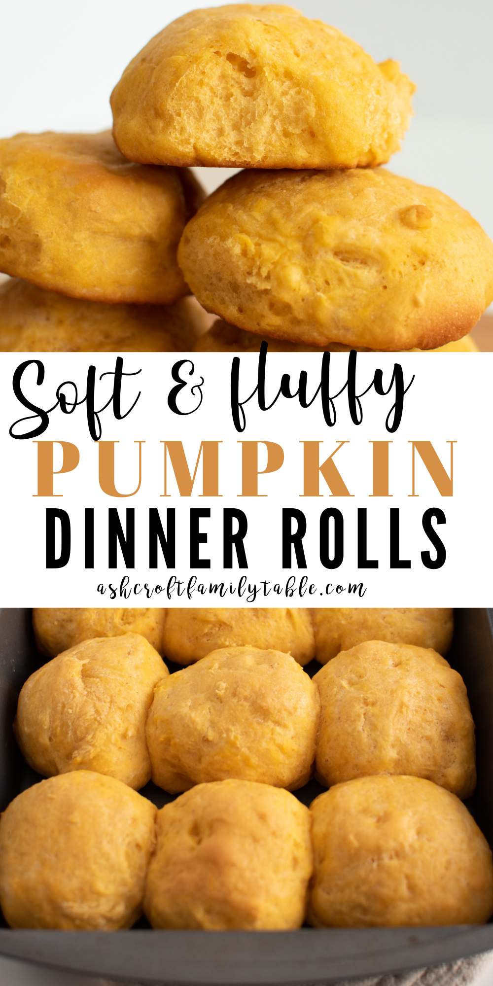 A Pinterest image with text and pumpkin dinner rolls stacked on each other and a pan of pumpkin rolls.