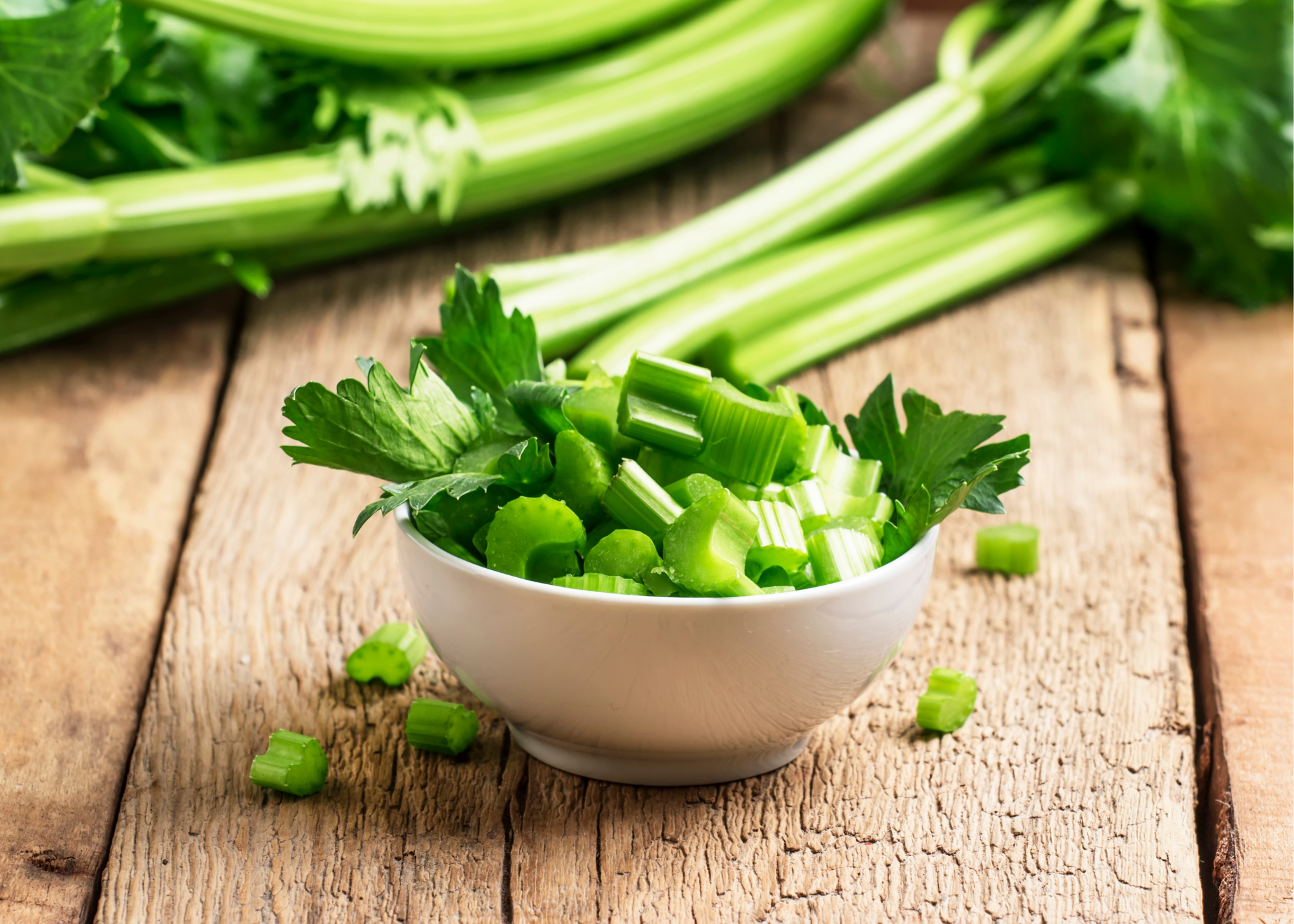 Celery stalks sit next to chopped celery and leaves in a white bowl.