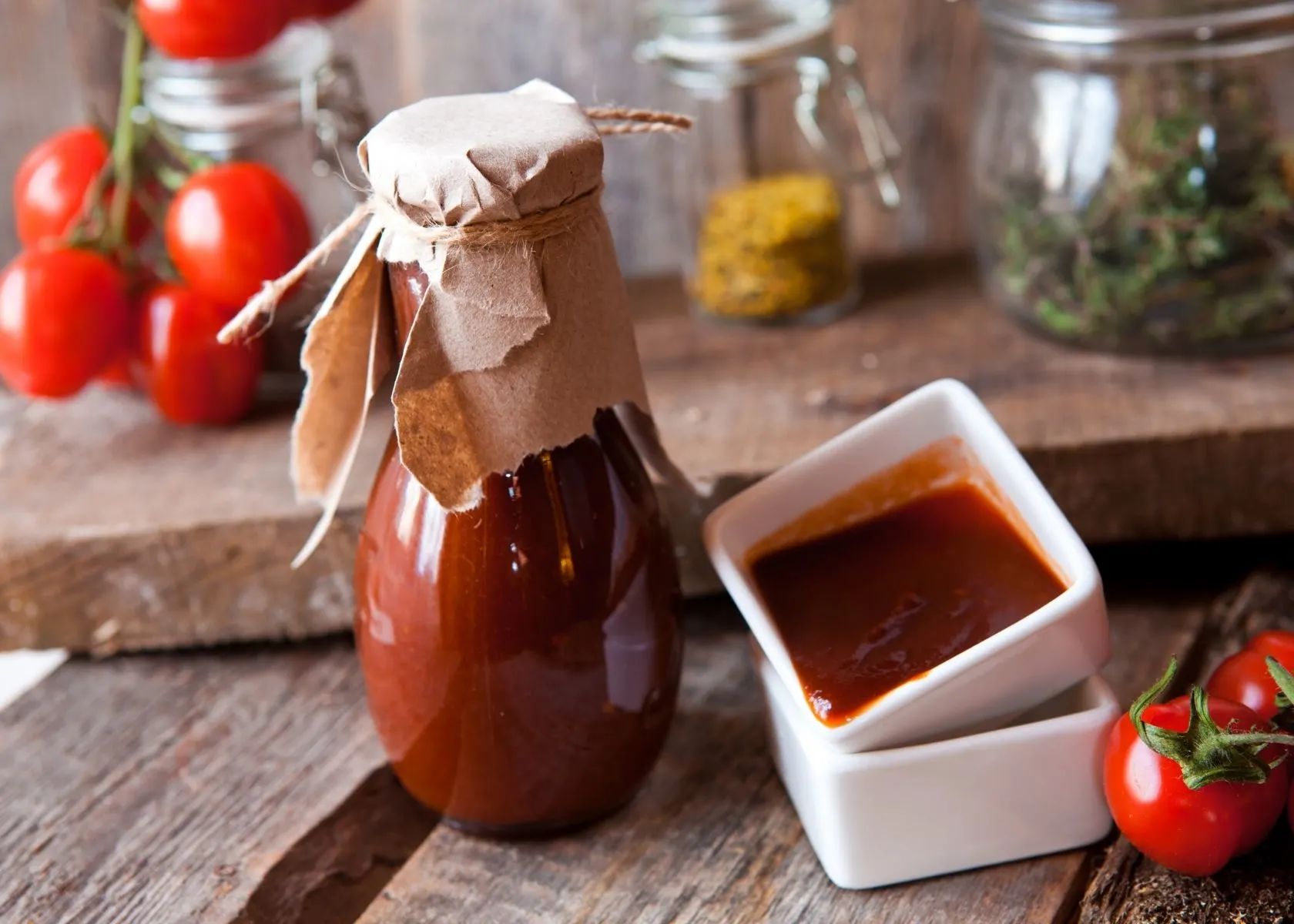 Healthy homemade ketchup in glass jar with brown paper over top tied with twine. 