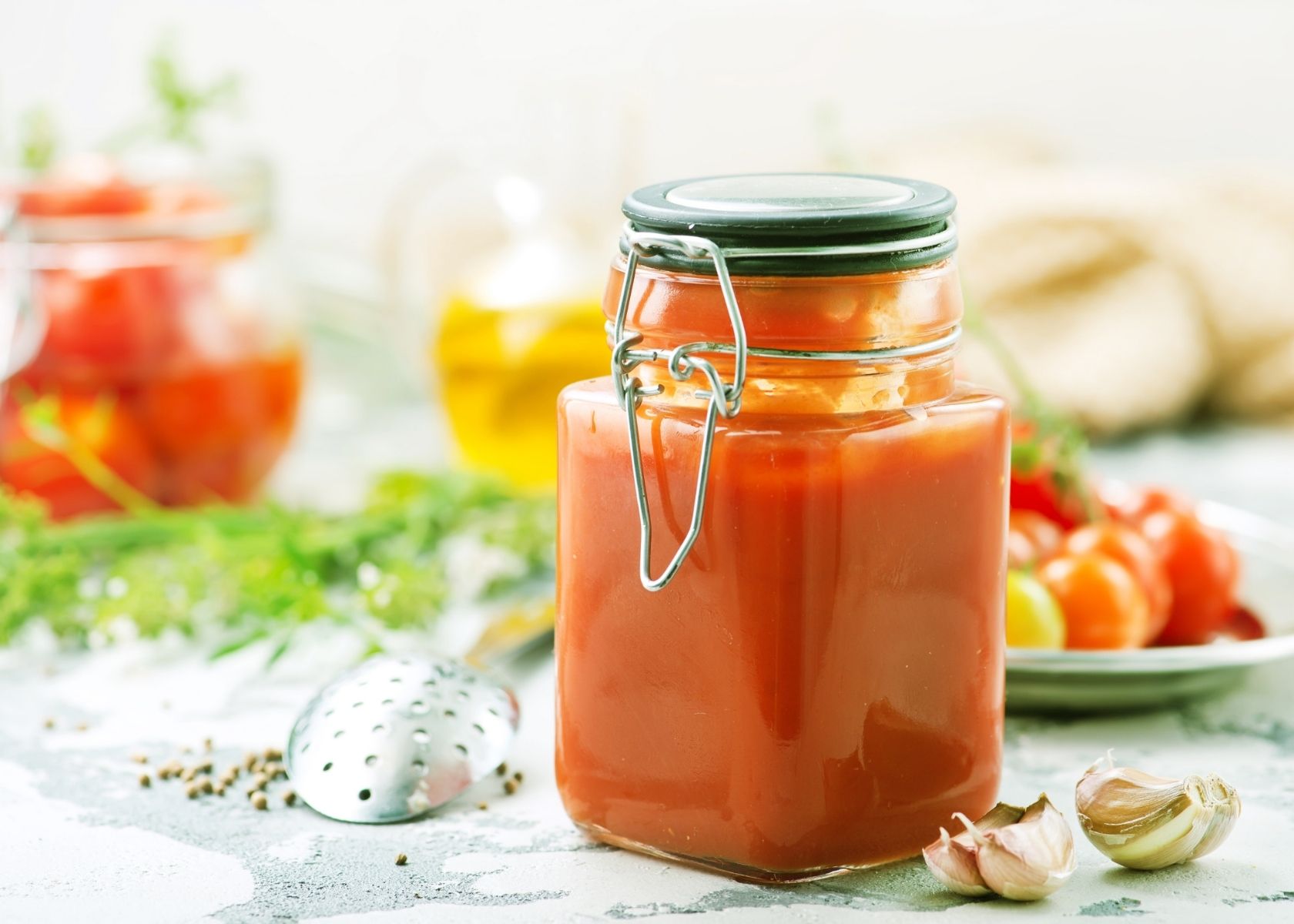 Homemade ketchup in glass canister next to garlic cloves and fresh tomatoes.