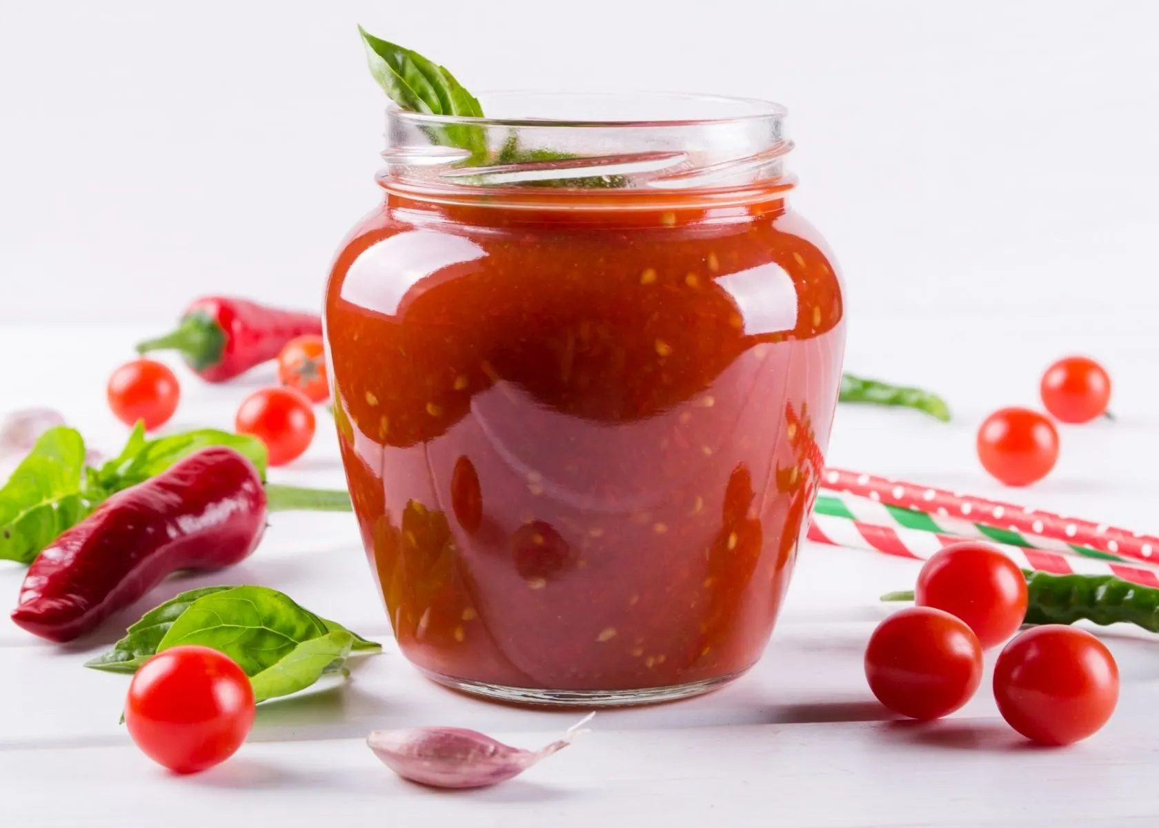 Salsa roja in large clear glass jar with green garnish on top.