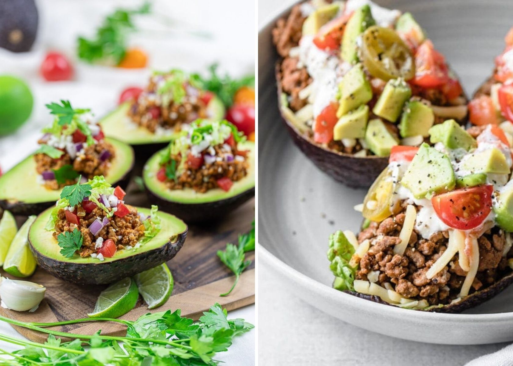 Collage of keto avocado boats topped with ground beef, tomatoes, cheese and avocado.