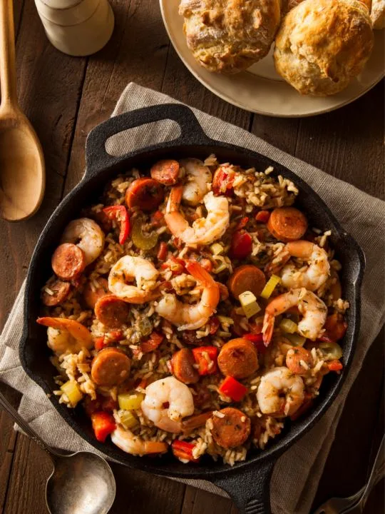 A large black cast iron skillet filled with jambalaya with shrimp and sausage.