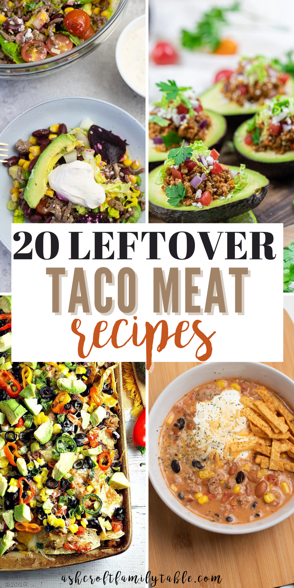 Pinterest graphic with text and collage of leftover taco meat recipes.