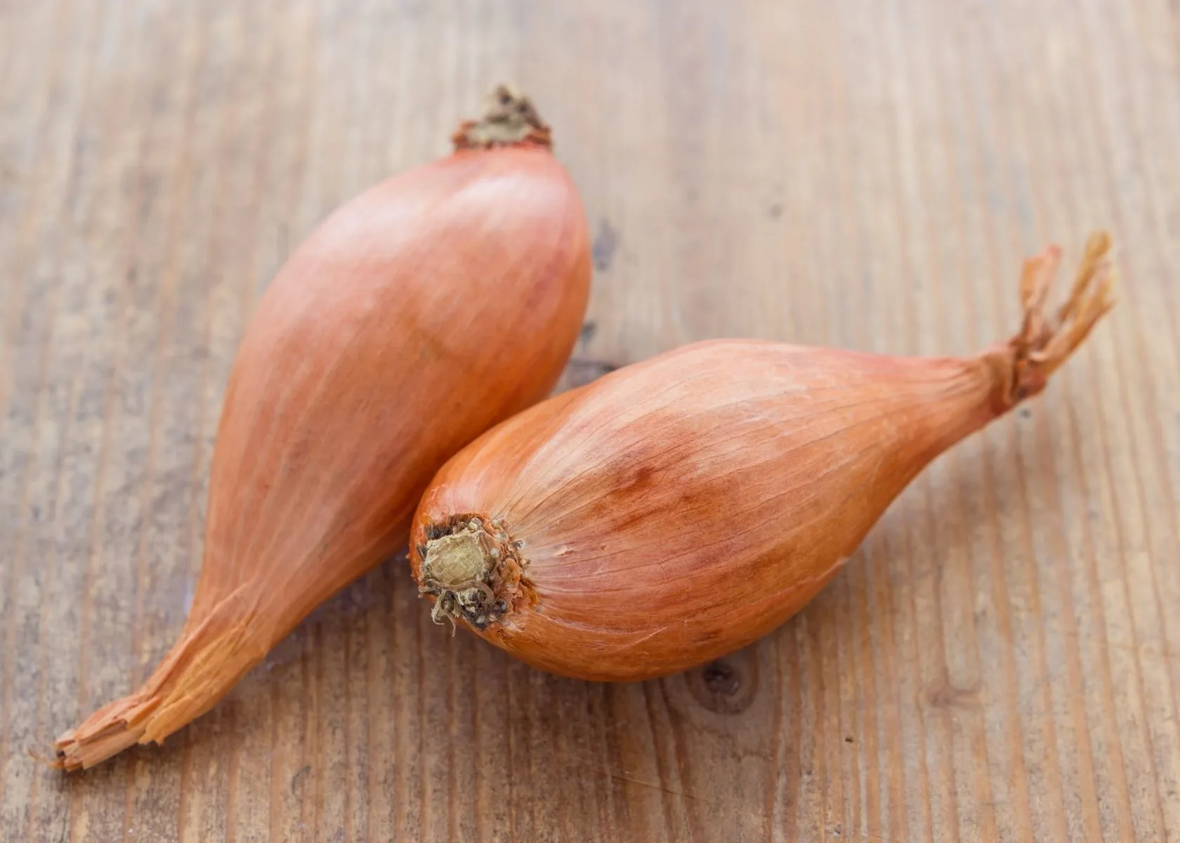 Two fresh large unpeeled shallots sit on a rustic wooden table surface.