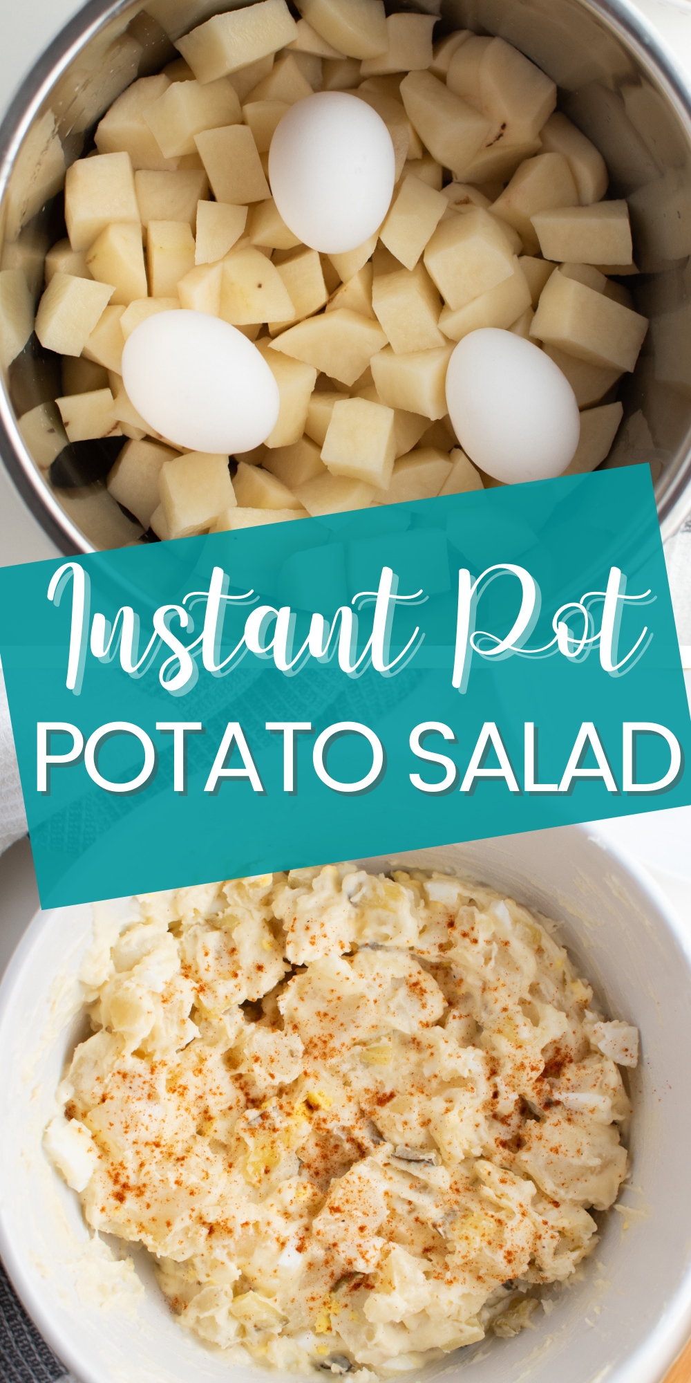 Pinterest graphic with text and instant pot potato salad in white bowl.