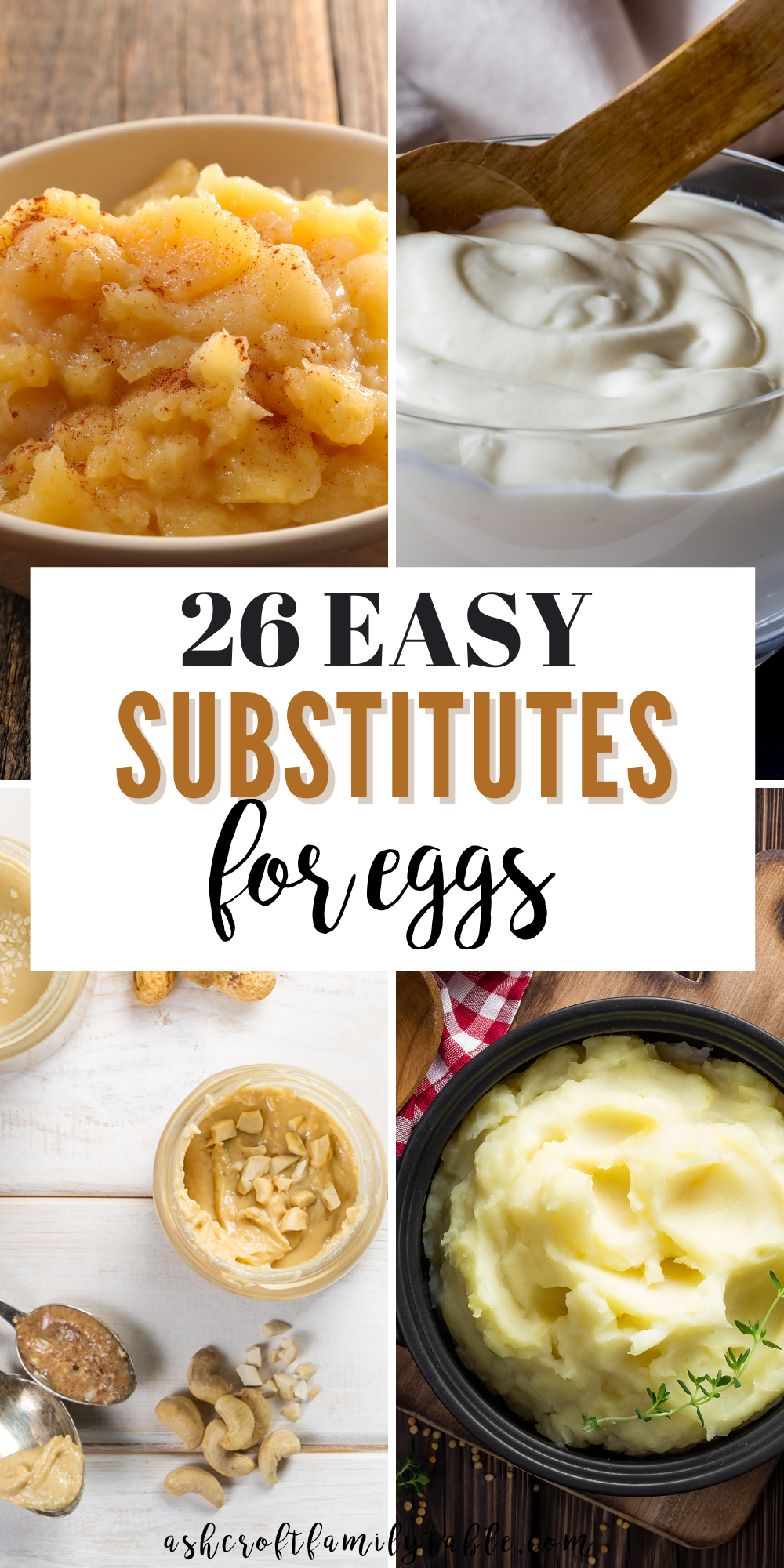 Pinterest graphic with text and collage of ingredients used to substitute for eggs.