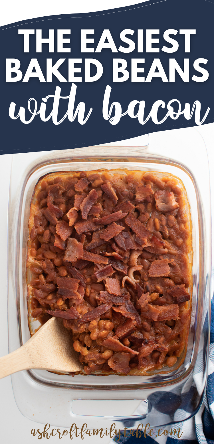 Pinterest graphic with text and baking dish of baked beans with bacon.