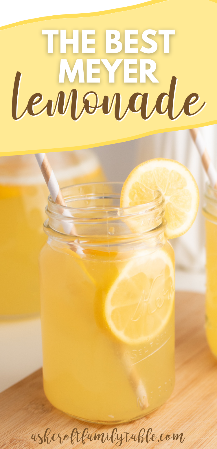 Pinterest graphic with text and glass of Meyer lemonade.