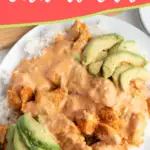 Pinterest graphic with text and plate of picante chicken.