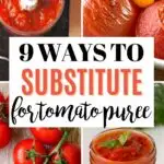 Pinterest graphic with text and collage of ingredients to substitute for tomato puree.
