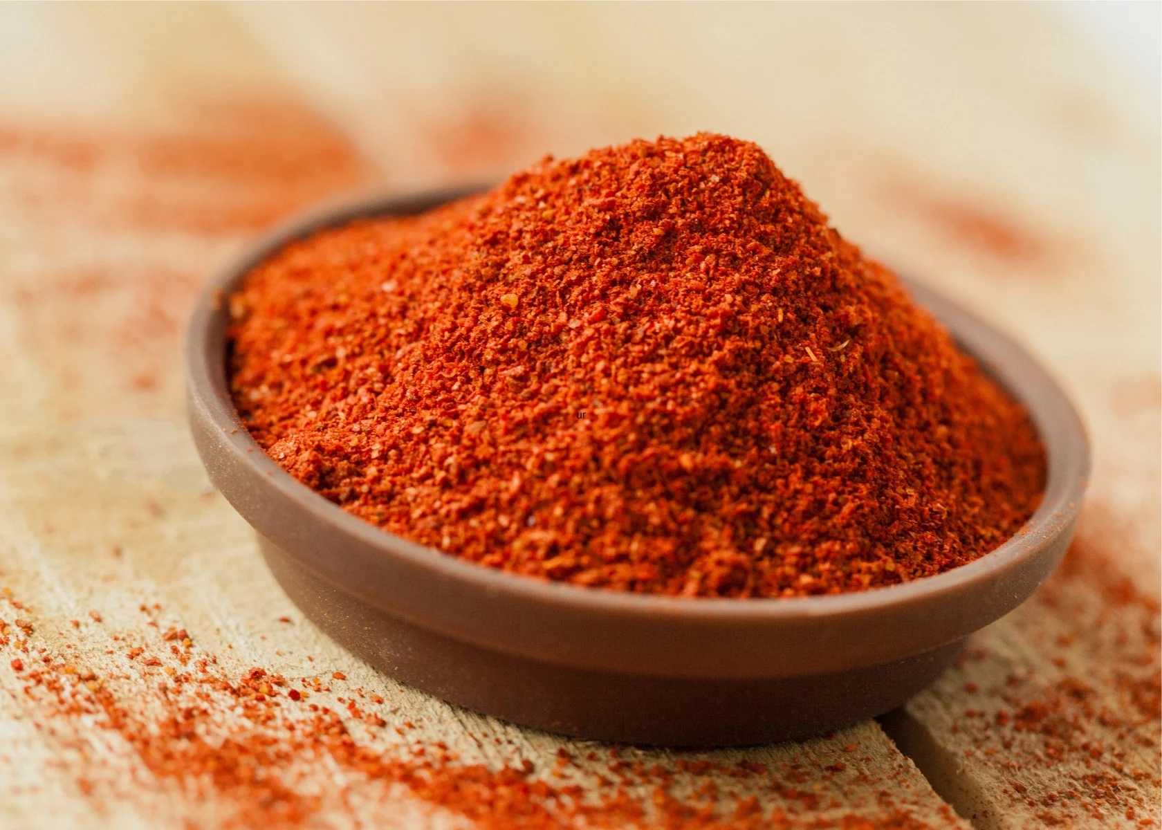 Large mound of cayenne pepper in small brown bowl on wooden table.