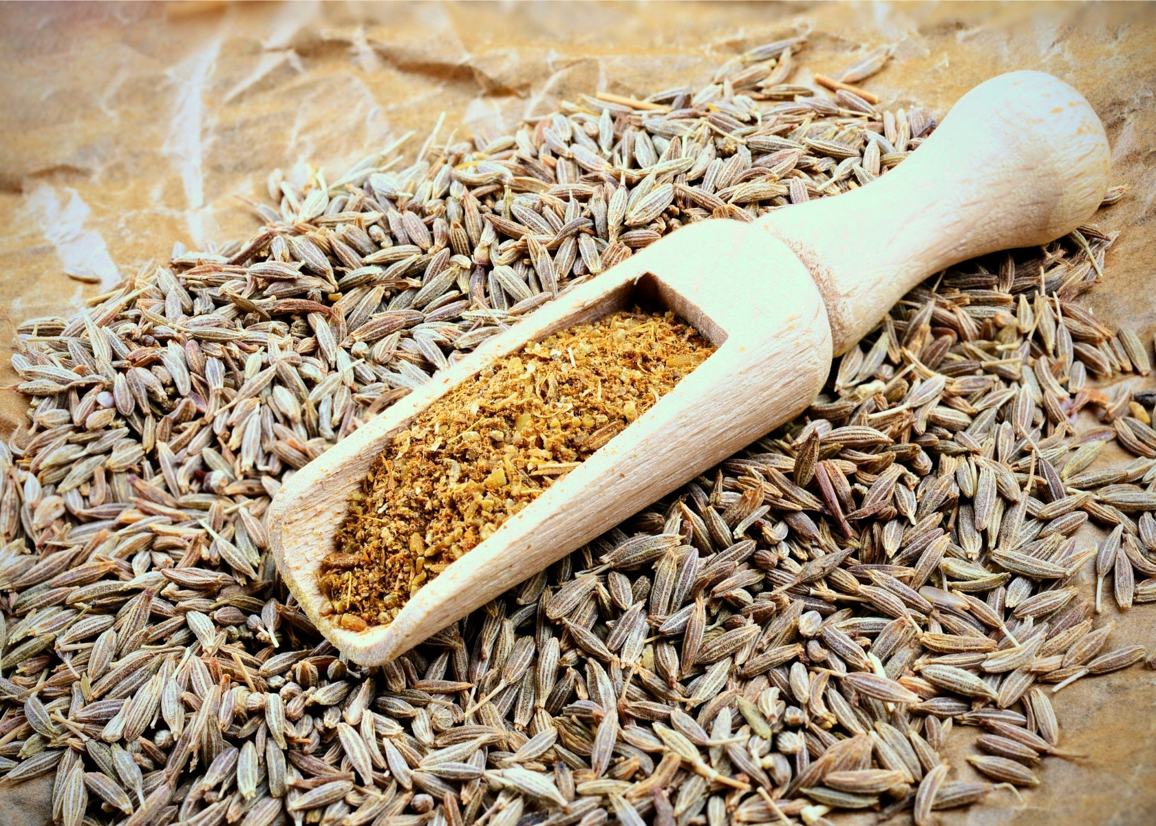 Ground cumin in large wooden spoon on top of large mound of cumin seeds.