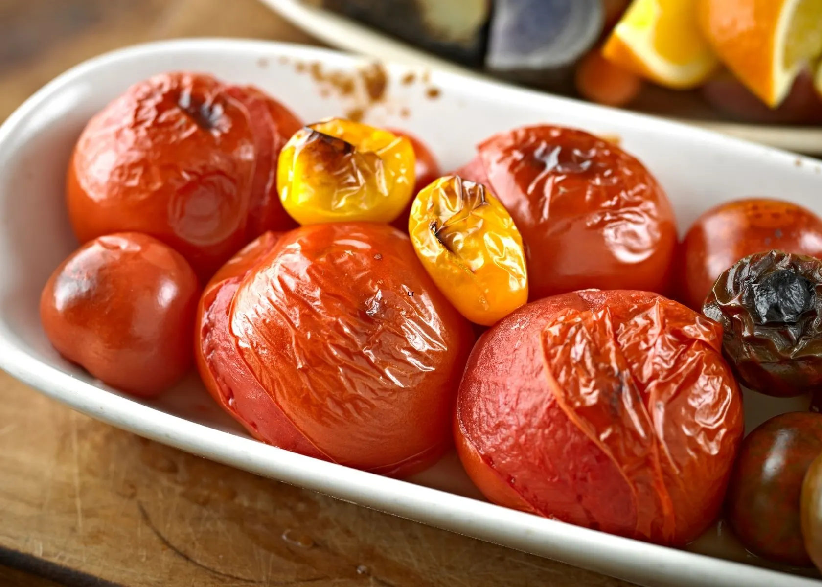 Various size roasted tomatoes in white dish on wood table.