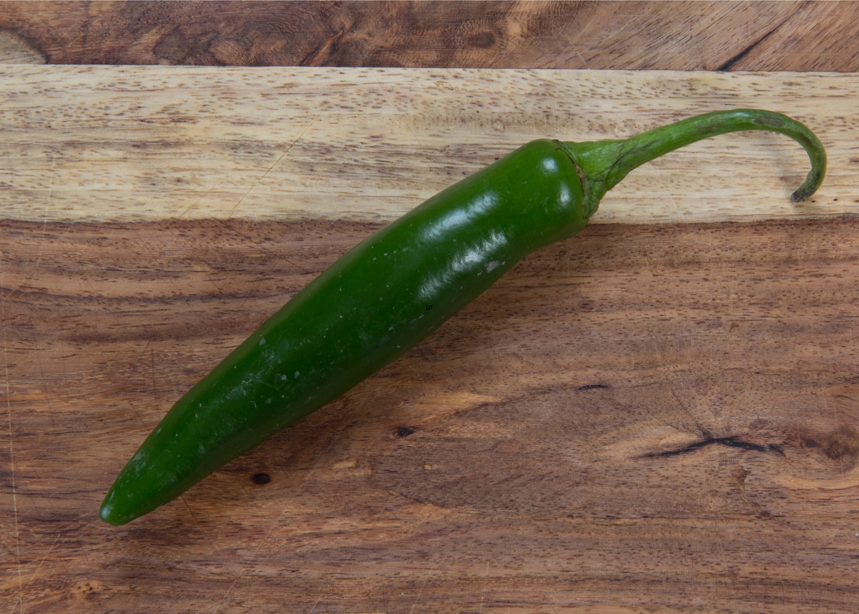 Large dark green serrano pepper with curved stem on rustic wooden cutting board.