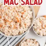 Pinterest graphic with text and white bowls filled with Hawaiian Mac Salad.
