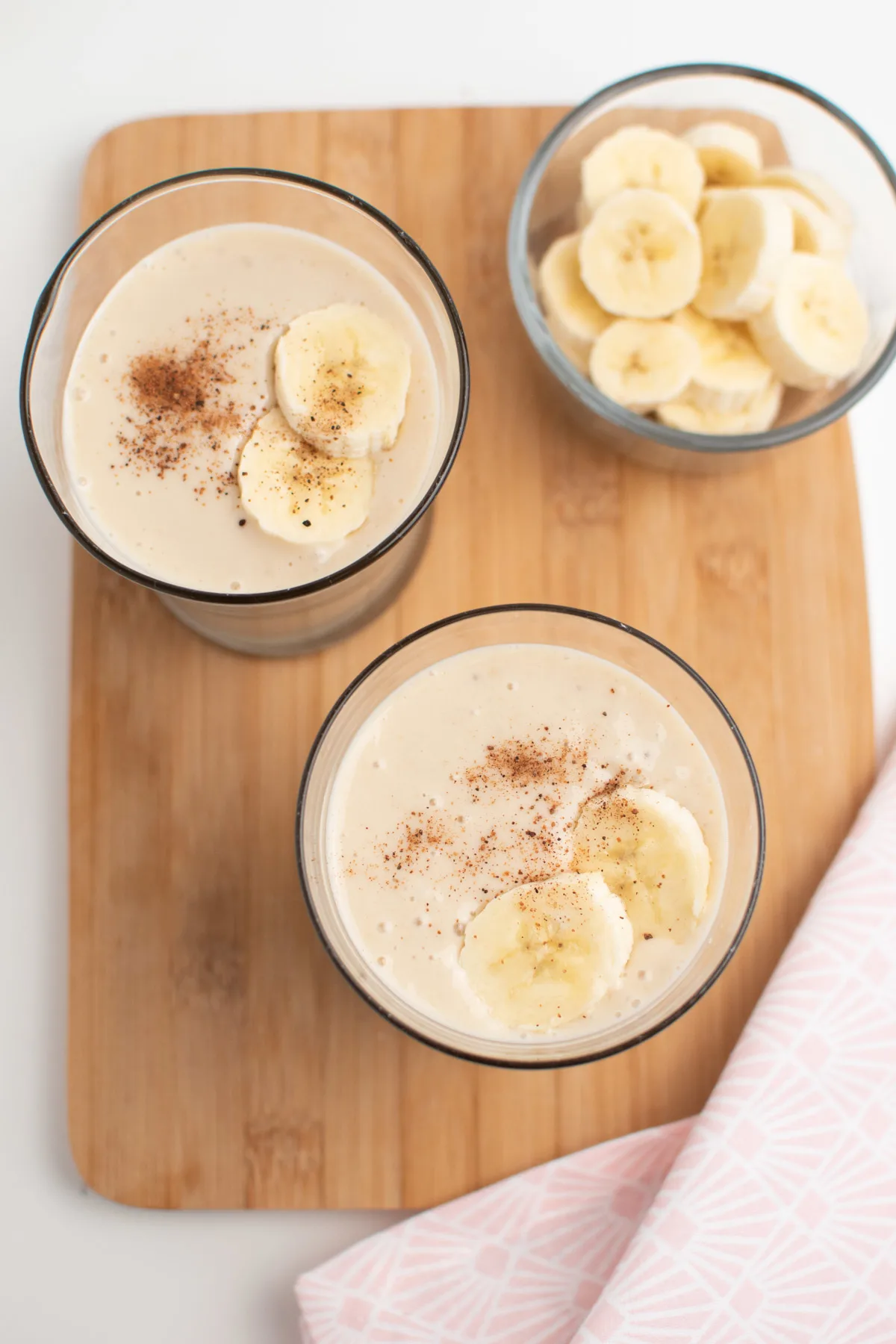 Two glasses of banana smoothie.