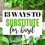 Pinterest graphic with text and collage of ingredients used to substitute for basil.