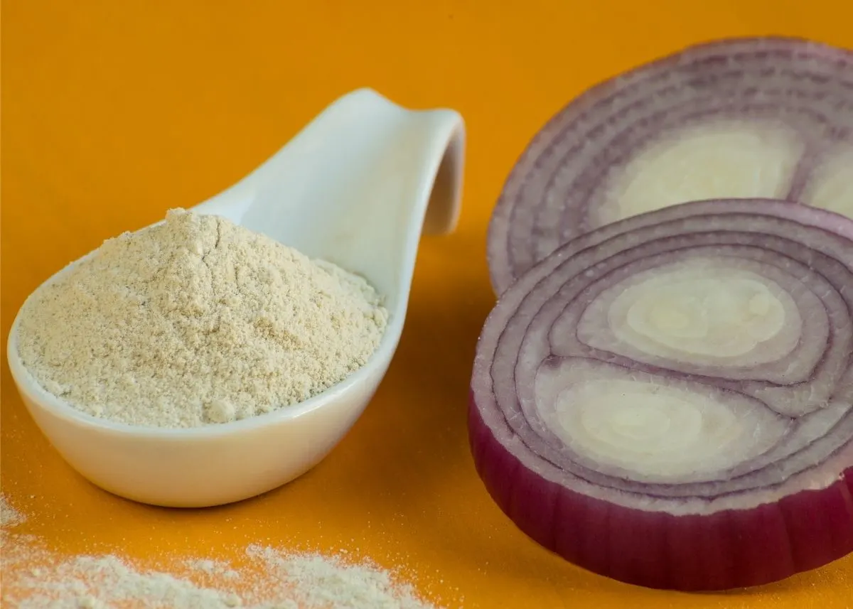 Heaping mound of onion powder on large white spoon next to cut purple onion.