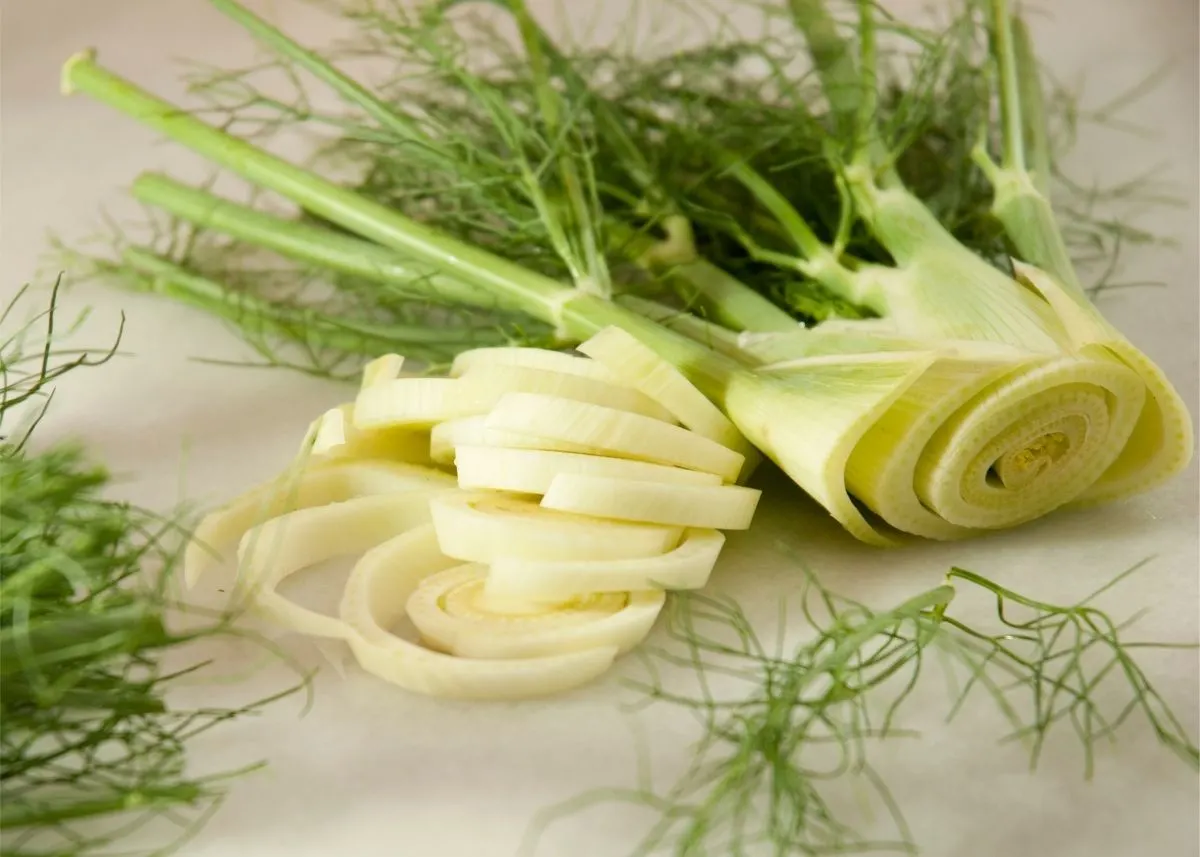 Large fennel stalk with fennel fronds next to a pile of chopped fennel stalks.