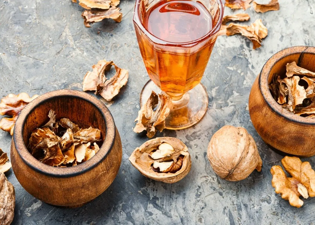 A glass of walnut extract surrounded by several whole and chopped walnuts.