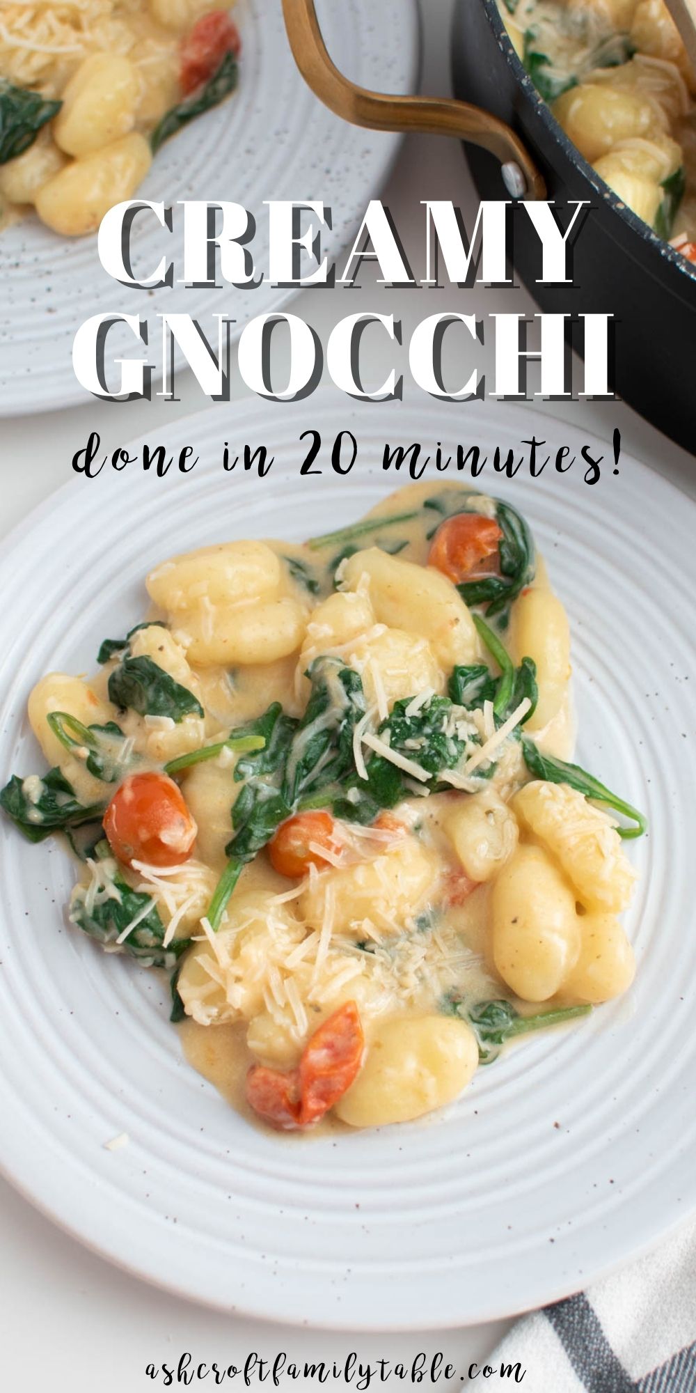 Pinterest graphic with text and plate of creamy gnocchi with tomatoes.