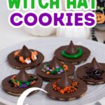 Pinterest graphic with photo and text that reads "hershey kiss halloween witch hat cookies."