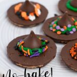 Pinterest graphic with text and no bake witch hat cookies on white plate.