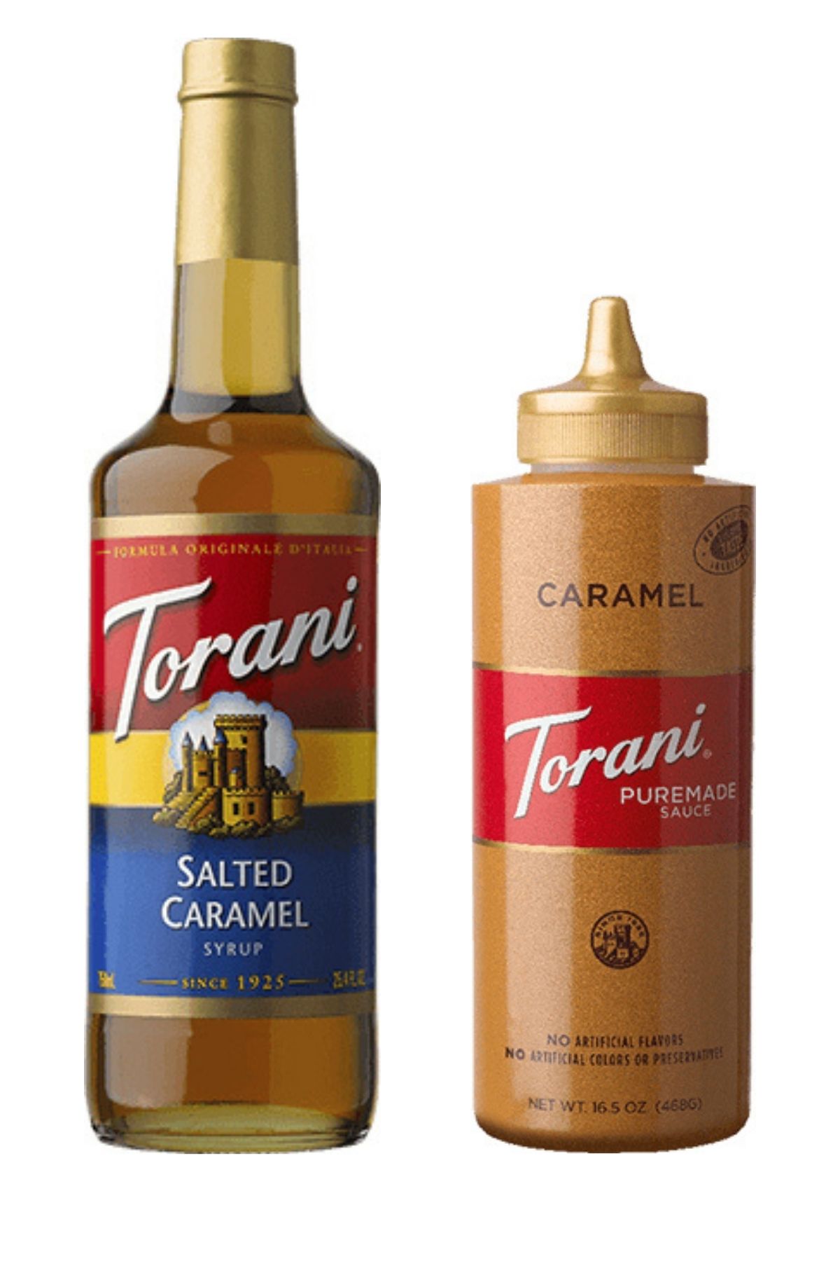 Bottle of Torani caramel syrup next to bottle of caramel sauce on white background.
