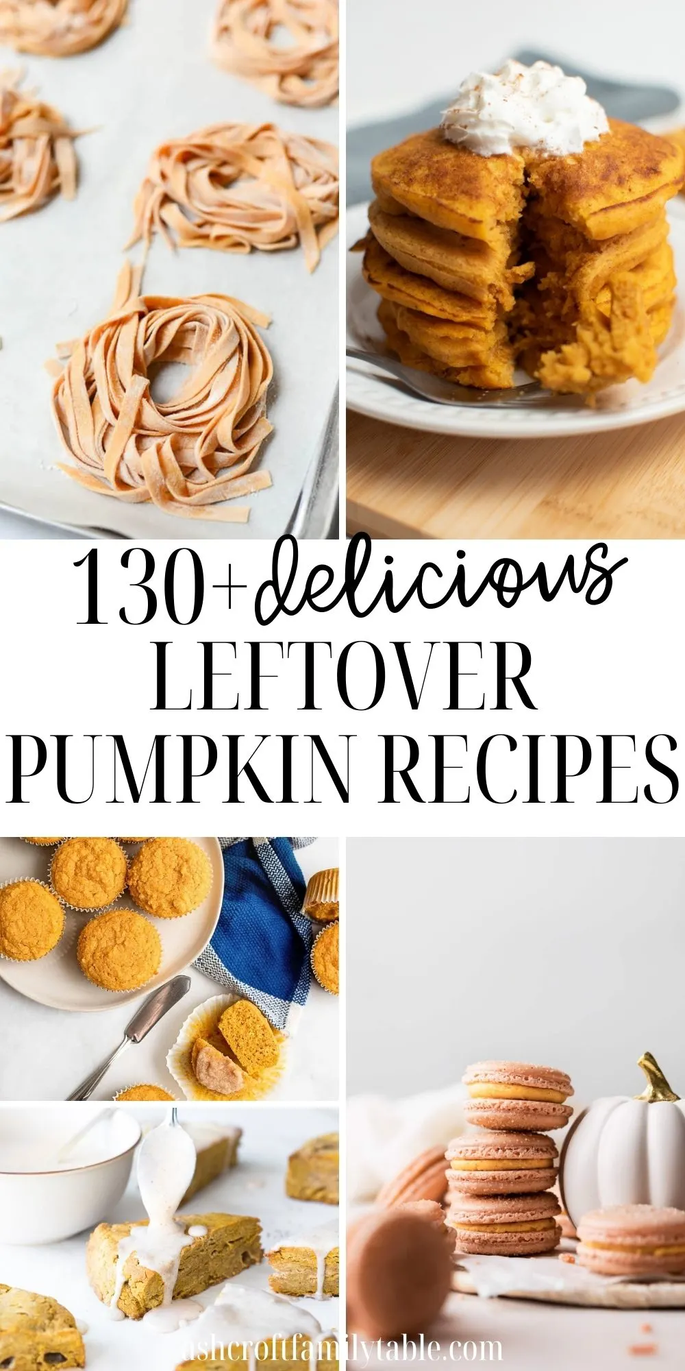 Pinterest graphic with text and collage of finished pumpkin recipes.