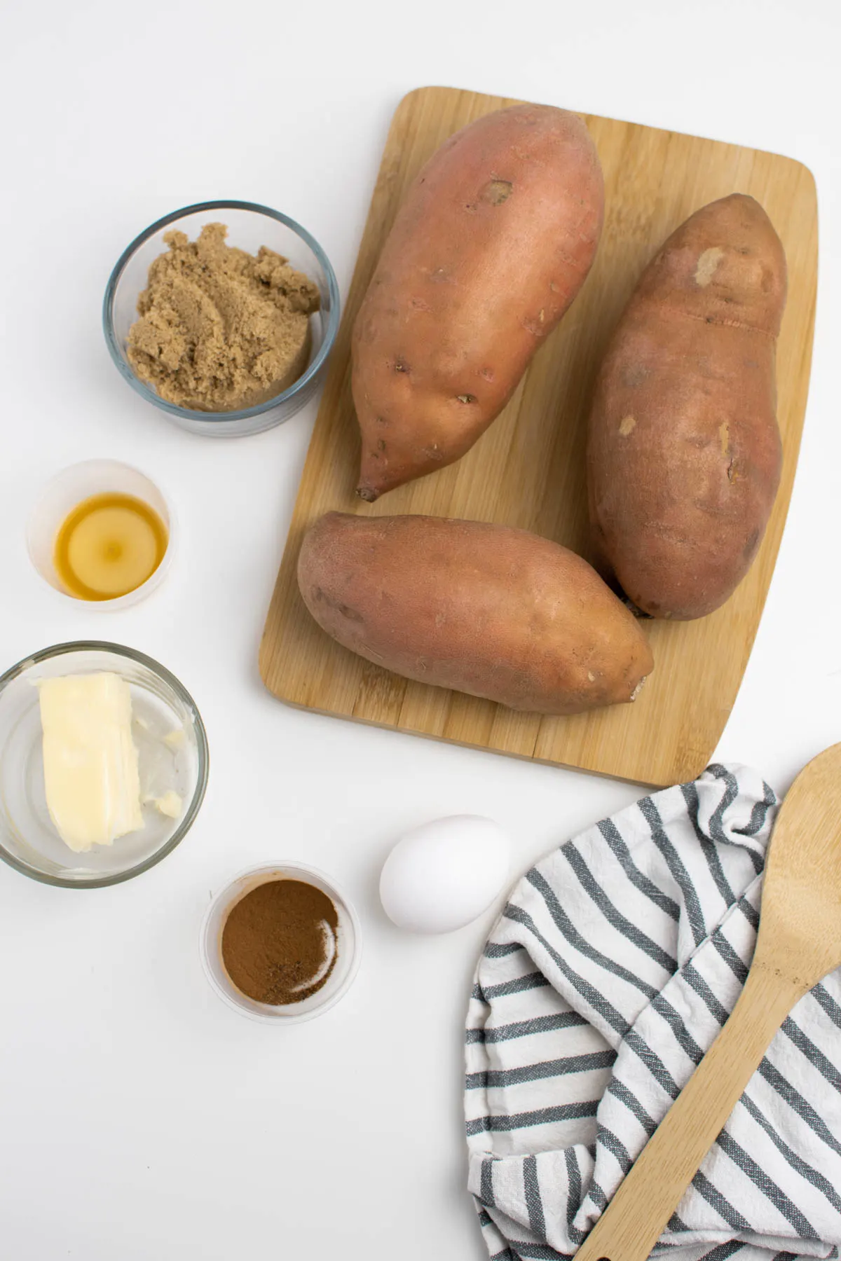 Sweet potato crunch ingredients including brown sugar, butter, egg, and sweet potatoes.